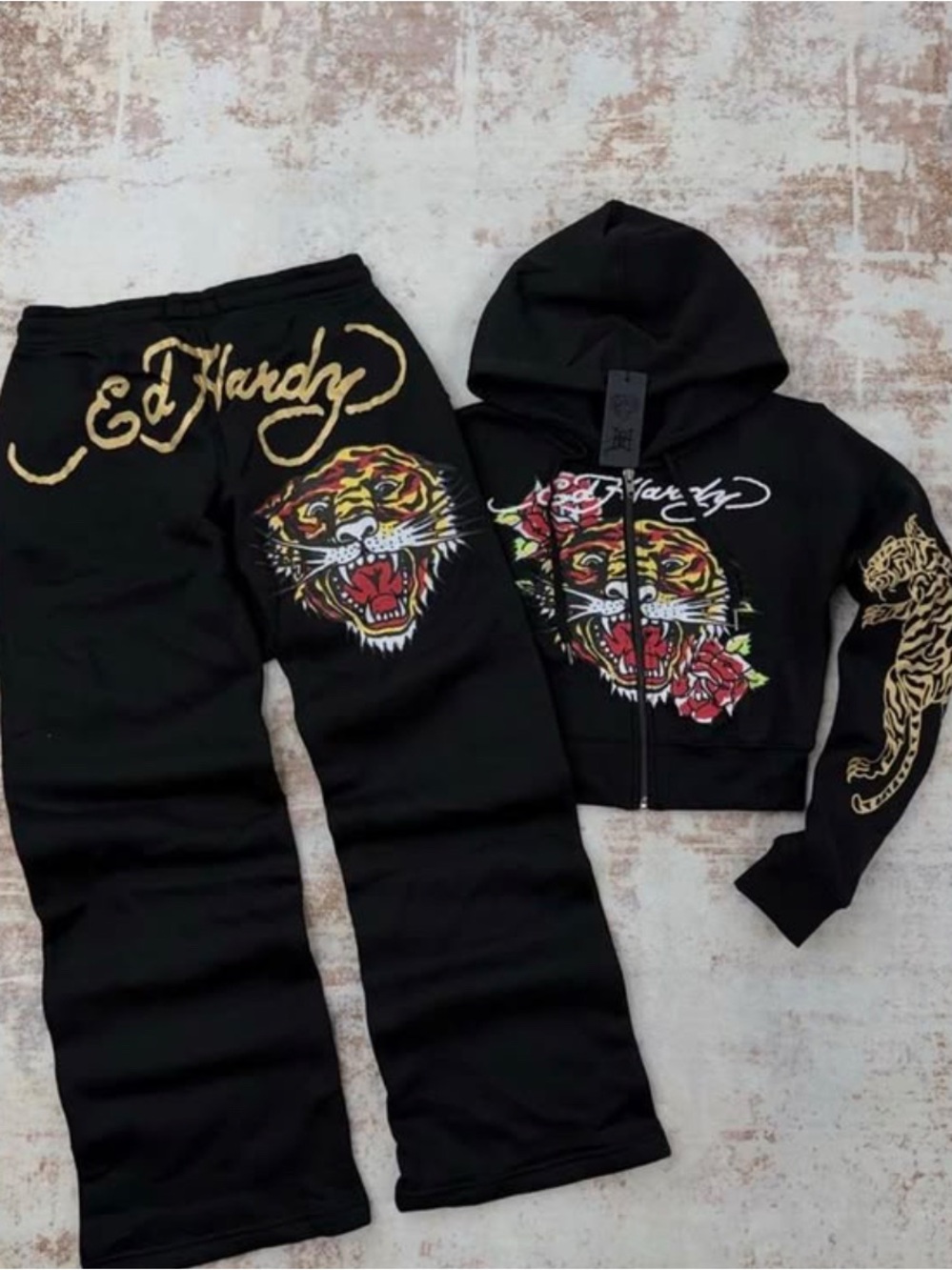 Ed Hardy Black womens Tiger & Rose Zip Hoodie